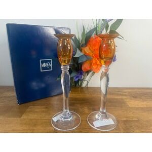 Mikasa Ballet Amber Lead Crystal Candle Holders Pair Austria Original Box